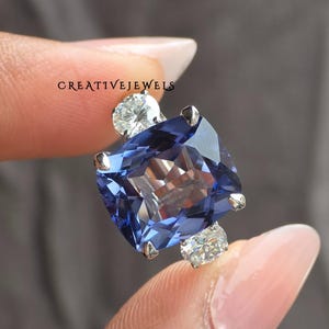 Ceylon Blue Sapphire Cushion Cut White Gold Solitaire Ring, Side Round Cut Gemstone Ring For Her, Trellis Style Basket Set Engagement Ring
