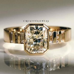 Handmade 3 CT Radiant Cut Moissanite Diamond Bezel Set Ring, Side Baguette And Round Cut Half Bezel Pave Wedding Ring, 14k Yellow Gold band