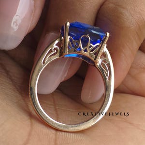 Vintage Filigree Style Rose Gold Wedding Band, Royal Blue Cushion Cut Gemstone Ring Artistic Cathedral Set Milgrain Detailing Ring For Bride