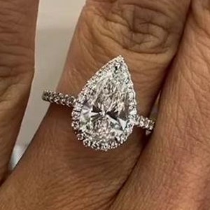 4CT Pear cut Halo Moissanite Engagement Ring, Halo  Pear Cut moissanite Ring, pave set Wedding Ring for her, 14K White Gold Ring For Women .