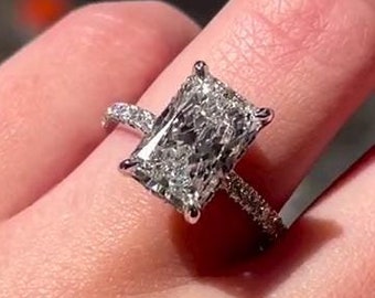 4CT Radiant Moissanite Engagement Ring, Pave Set, Solid Gold Ring