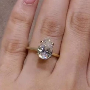 3ct Hidden Halo Pear Shaped Moissanite Engagement Ring, Yellow Gold Pear anniversary Ring Solitaire Simple Plain Band, Promise Ring Women .