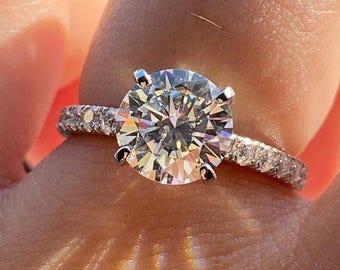 2ct Rundschliff 8 mm Moissanit Ring, pflastern gesetzt Verlobungsring für sie, 4-Zacken Brilliant Rundschliff Solid 14K Weißgold Ring, Jubiläumsgeschenk