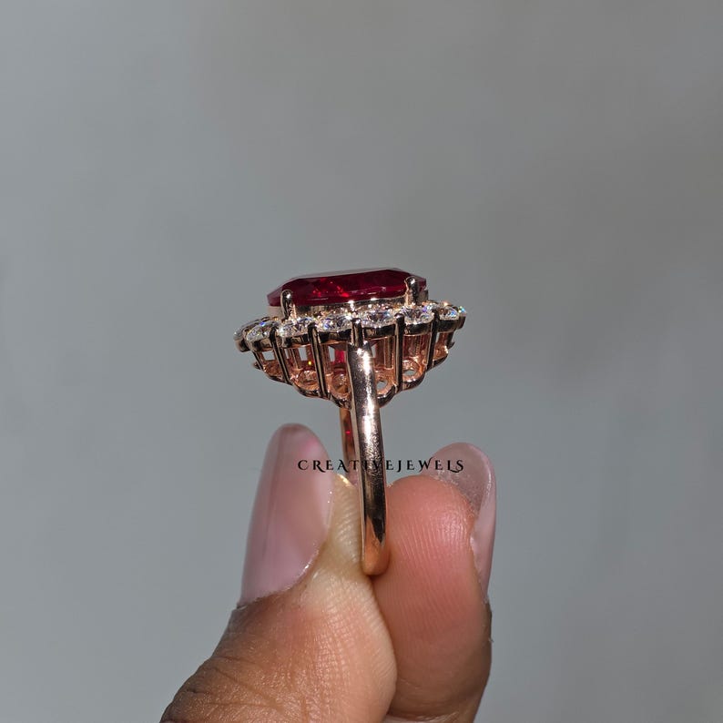 Lab Created 6CT Red Ruby Oval Cut Gemstone Ring, Floral Cluster Halo ...
