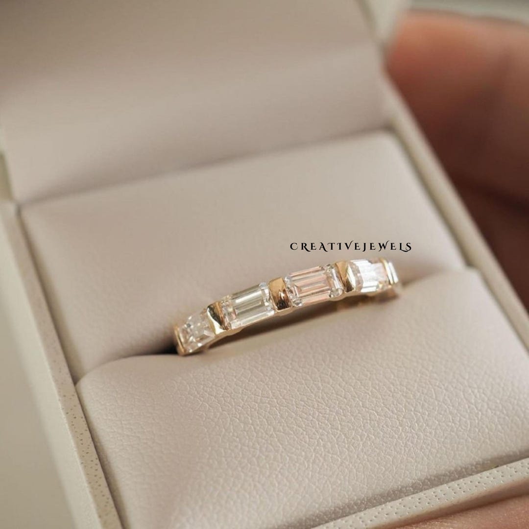 East to West Set Baguette Cut Moissanite Half Eternity Wedding Band ...