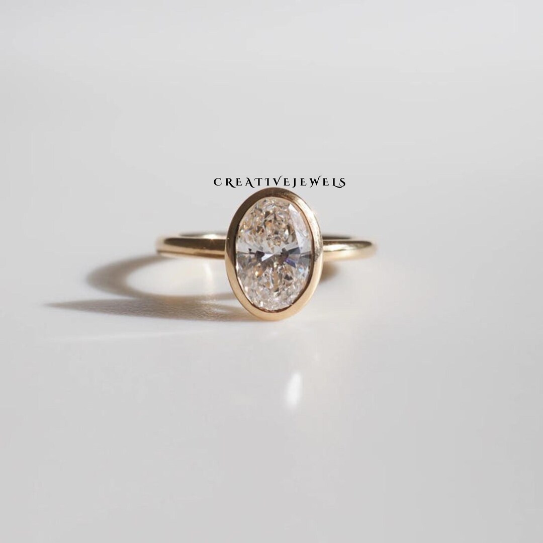 Oval Moissanite Solitaire Ring | 14K Gold Bezel Engagement Ring - Etsy