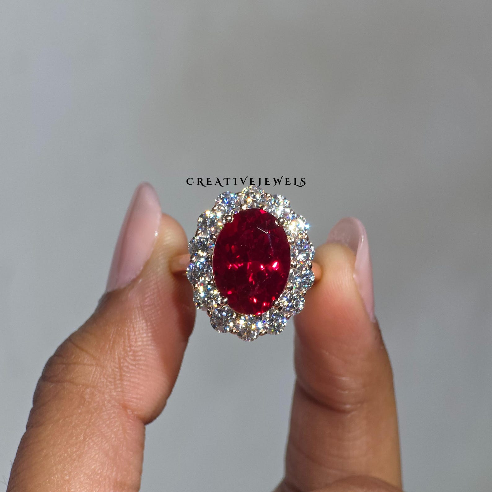 Lab Created 6CT Red Ruby Oval Cut Gemstone Ring, Floral Cluster Halo ...