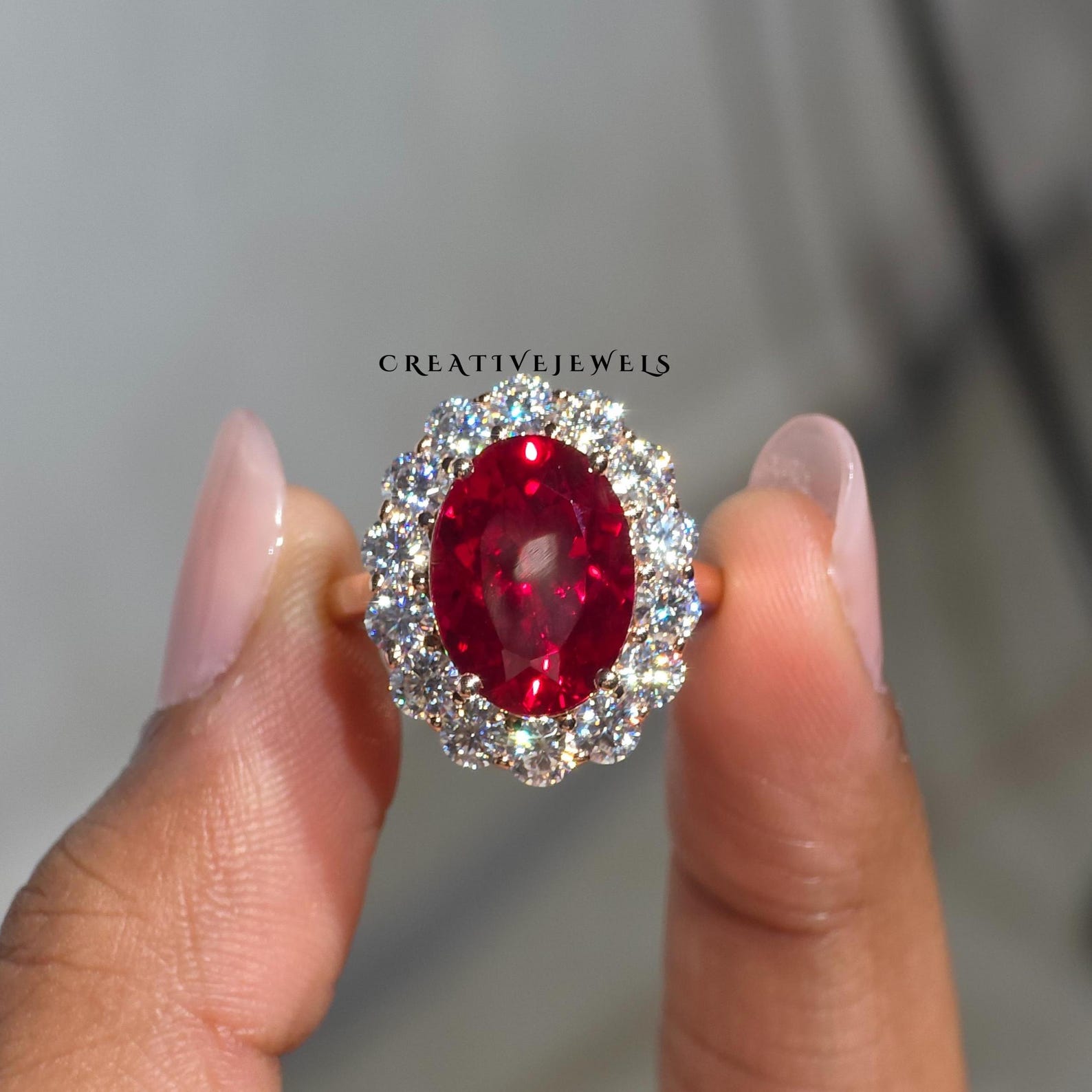 Lab Created 6CT Red Ruby Oval Cut Gemstone Ring, Floral Cluster Halo ...