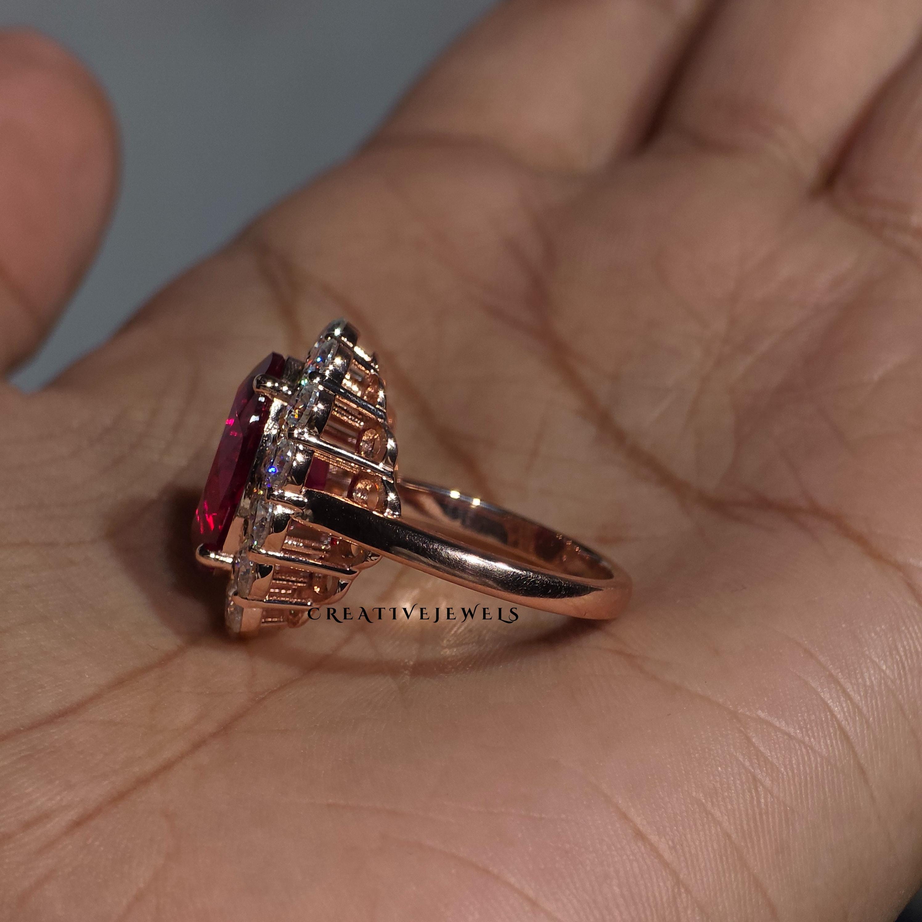 Lab Created 6CT Red Ruby Oval Cut Gemstone Ring, Floral Cluster Halo ...