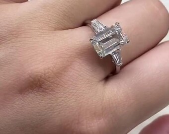 3.5CT Emerald Moissanite Ring, Three Stone Ring for her, Emerald and Baguette Ring, Emerald Cut Engagement Ring, White Gold 3 Stone Ring