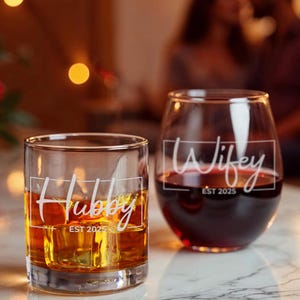 Juego de vasos para esposa y esposo, vasos de whisky y vino grabados, juego de 2, regalo de boda, regalo de aniversario, regalo de San Valentín, regalo para parejas