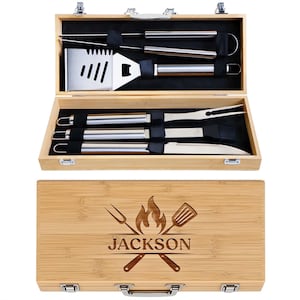 Personalized BBQ Grill Set, Custom Name Engraved Wooden Case, Stainless Steel Tools