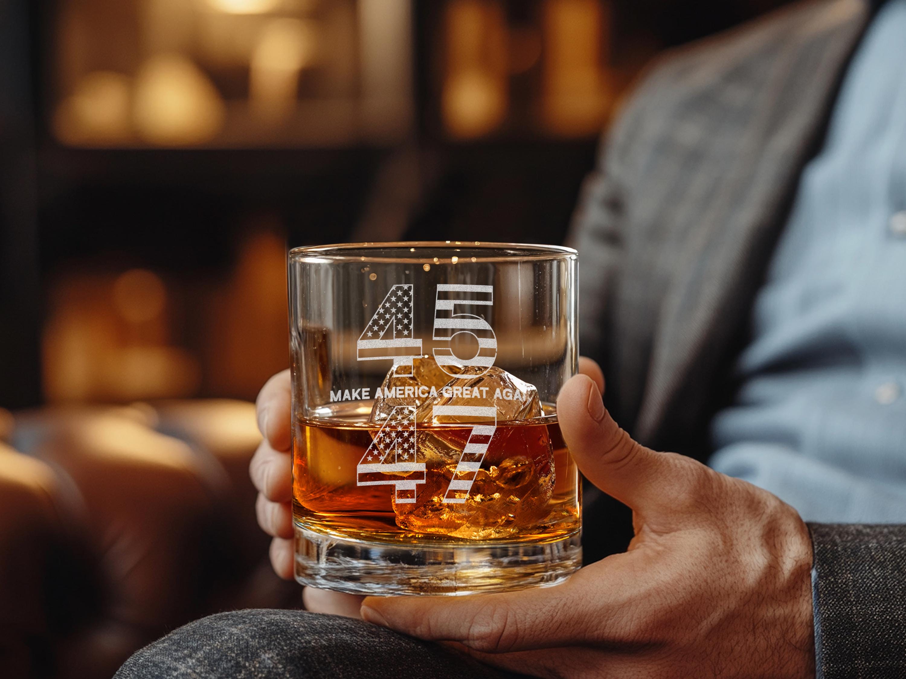 Donald J. Trump Signature 45/47 Bourbon Whiskey Glass – Laser Engraved – 11oz – Made In USA