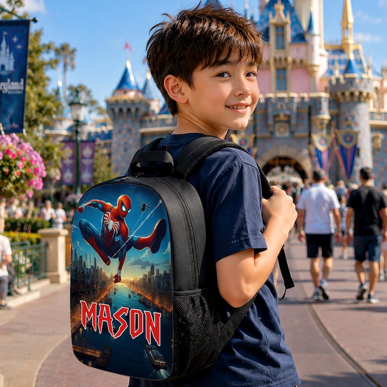 Puede incluir: Una mochila negra con un gr&aacute;fico del superh&eacute;roe Spider-Man balance&aacute;ndose sobre el horizonte de una ciudad. El nombre MASON est&aacute; impreso en letras rojas grandes y llamativas en la parte inferior del gr&aacute;fico. Tiene correas negras y bolsillos laterales.