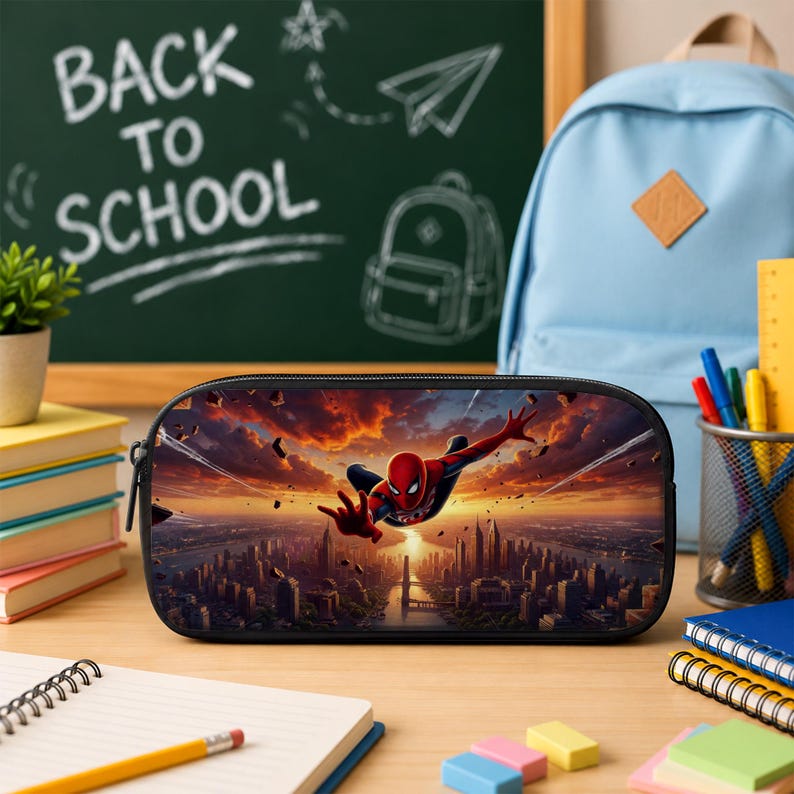 May include: A black pencil case featuring a vibrant graphic of Spider-Man mid-air above a city skyline at sunset. The character is in a dynamic pose with outstretched arms against a dramatic orange and purple sky, set against a school desk background.