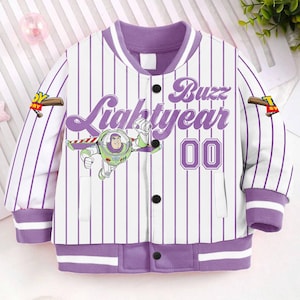 May include: A white and purple baseball jacket with a striped pattern. The jacket features a cartoon image of Buzz Lightyear from the Toy Story franchise, with the text "Buzz Lightyear 00" on the front.