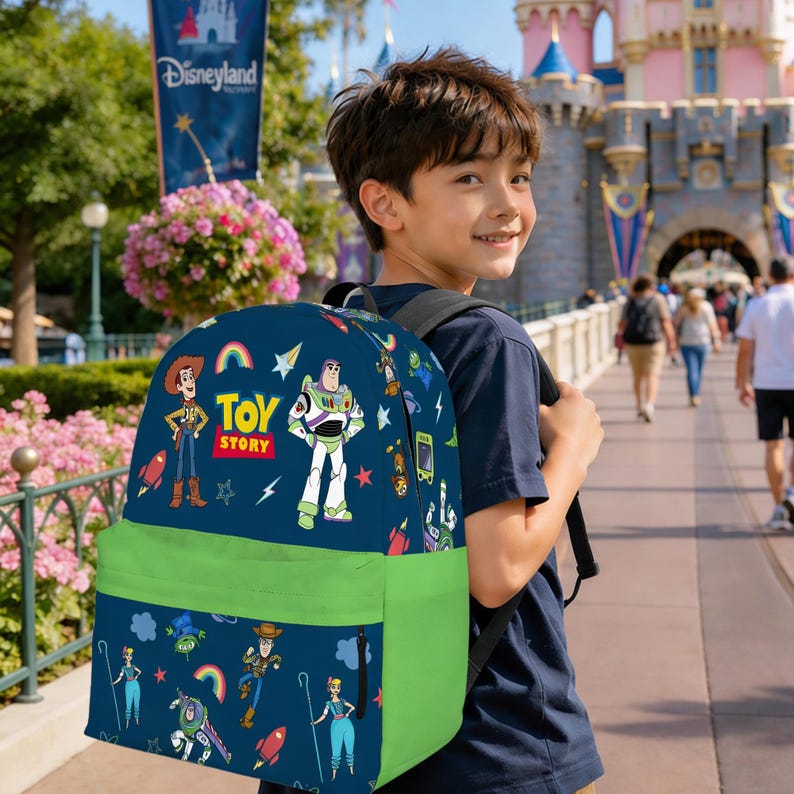 May include: A navy blue backpack featuring characters from the Toy Story movie, including Woody and Buzz Lightyear. The backpack has a green front pocket and straps. The words "Toy Story" are printed on the front.
