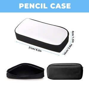 May include: Black pencil case with a white top, measuring 8.2 inches long, 3.9 inches wide, and 1.5 inches high. The image shows the case closed, open, and a side view. The text "PENCIL CASE" is at the top.