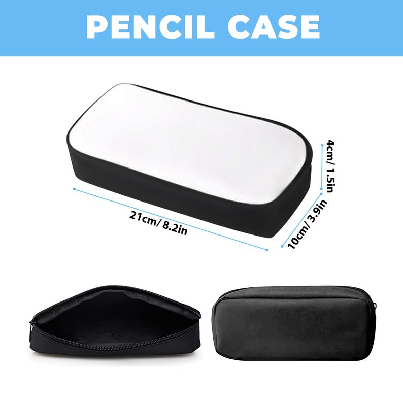 May include: Black pencil case with a white top, measuring 8.2 inches long, 3.9 inches wide, and 1.5 inches high. The image shows the case closed, open, and a side view. The text "PENCIL CASE" is at the top.