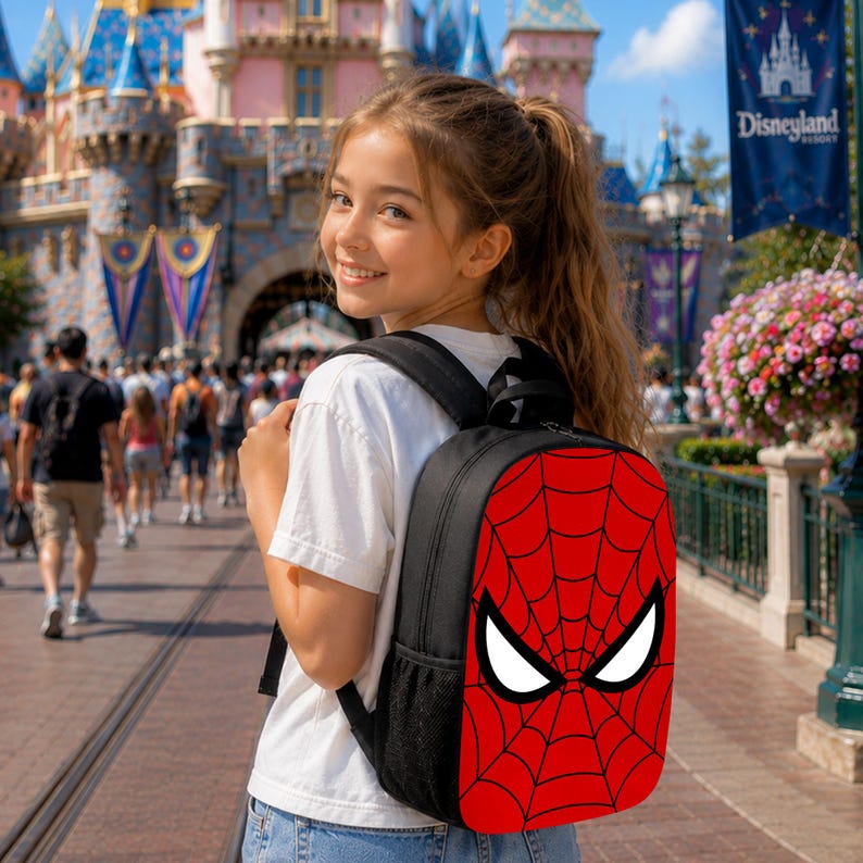 May include: A black backpack featuring a red front panel with a black spiderweb pattern and two large white eye shapes. The backpack has black shoulder straps and a black mesh side pocket, designed for carrying personal items on the back.