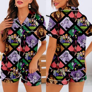 May include: A two-piece pajama set featuring a colorful diamond pattern with various cartoon villains. The short-sleeved top and shorts have white trim. The pajama set is made of a soft, comfortable material.