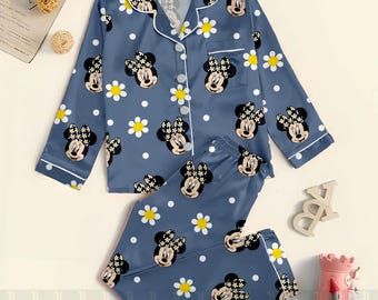 Minnie Daisy Flower Polka Dot Unisex Satin Pajamas, Disneyland Pajamas, Long Sleeve And Short Styles