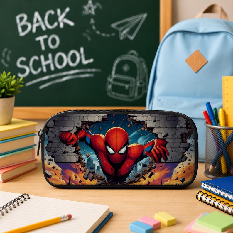 May include: A rectangular pencil case featuring a graphic of a red and blue superhero breaking through a gray brick wall. The design includes a dark blue background with a sunset-colored sky at the bottom, enclosed by a black zipper border.