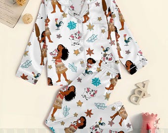 Moana Pua Hei Hei Chicken Unisex Satin Pajamas Set, Spooky Season Pajamas , Long Sleeve And Short Styles
