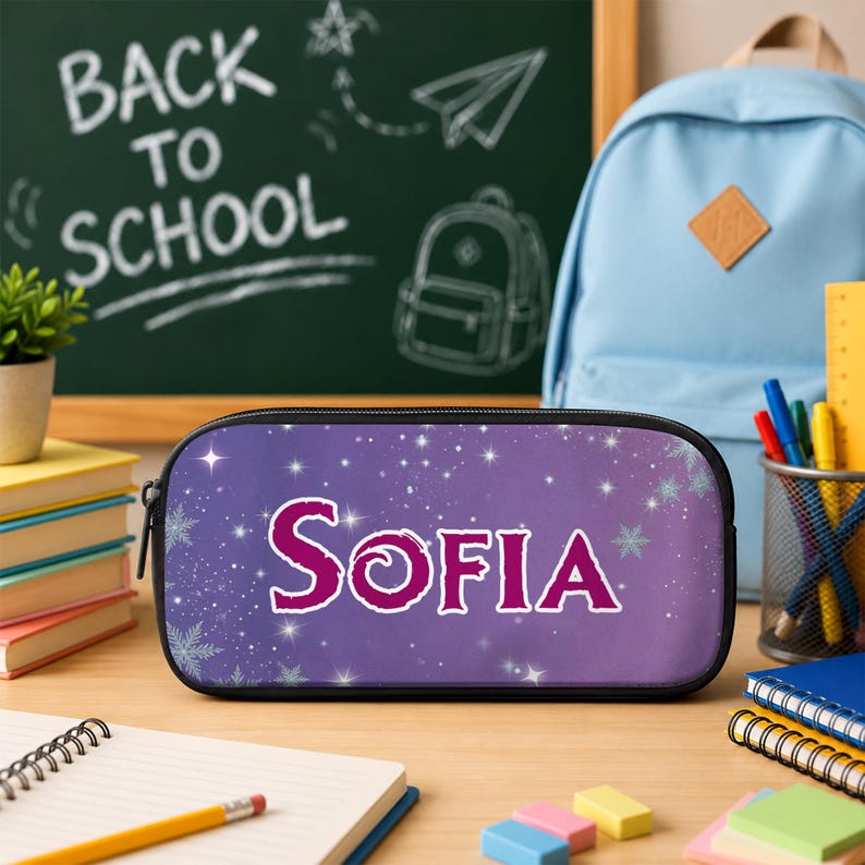 Pu&ograve; includere: Un astuccio rettangolare con sfondo viola caratterizzato da un motivo a stelle e fiocchi di neve bianchi. Il nome SOFIA &egrave; stampato in grandi lettere magenta in grassetto al centro. L'astuccio presenta una cerniera e un bordo neri.