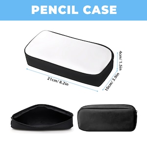 May include: Black pencil case with a white top, measuring 21cm long, 10cm wide, and 4cm high. The image shows the case closed, open, and a side view. The text "PENCIL CASE" is at the top.