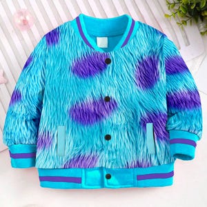 May include: A blue and purple fuzzy bomber jacket with a zipper closure and two pockets. The jacket has a blue and purple striped trim around the collar, cuffs, and hem.