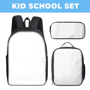May include: A black and white school set for children, comprising a backpack, pencil case, and lunch bag. The backpack and lunch bag have black trim and handles. The pencil case has a black zip. The text "KID SCHOOL SET" is at the top.