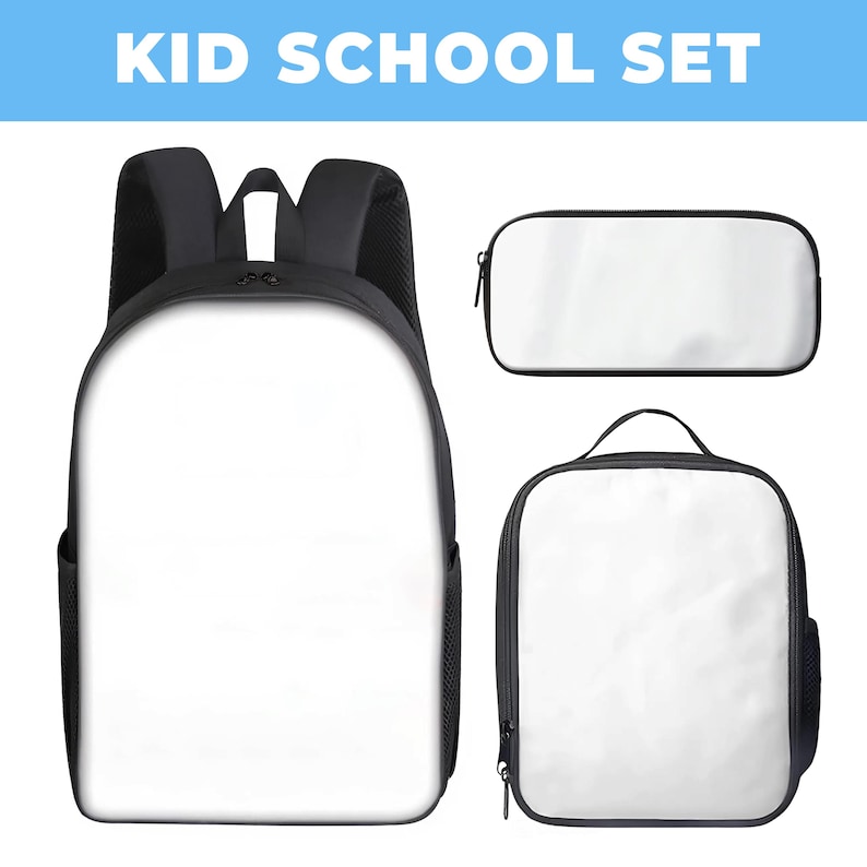 May include: A black and white school set for children, comprising a backpack, pencil case, and lunch bag. The backpack and lunch bag have black trim and handles. The pencil case has a black zip. The text "KID SCHOOL SET" is at the top.