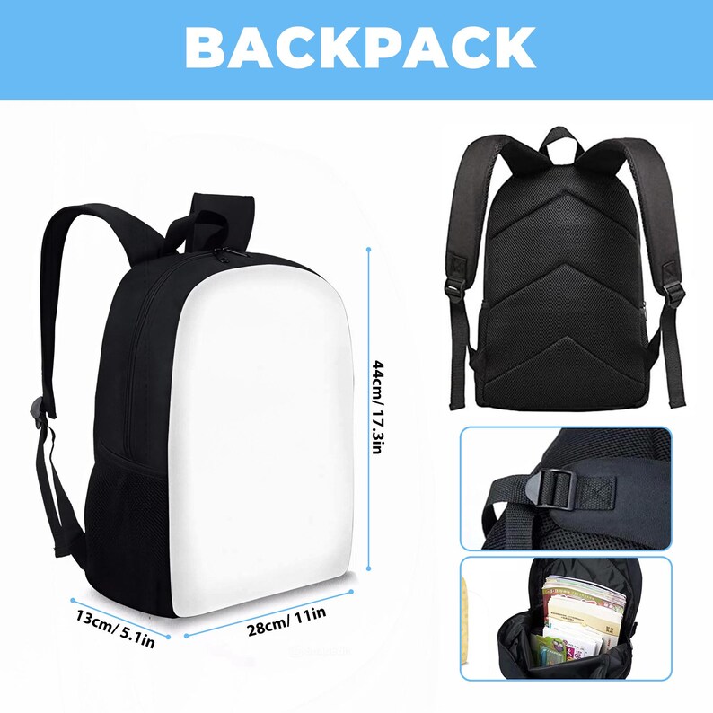 May include: Black and white backpack with a large white front panel. The backpack measures 17.3 inches tall, 11 inches wide, and 5.1 inches deep. The word "BACKPACK" is printed in large blue letters at the top.