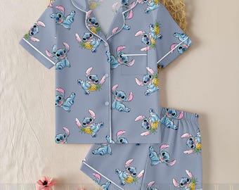 Stitch Emotion Big Face Unisex Satin Pajamas, Cute Stitch Satin Pajamas, Long Sleeve And Short Styles