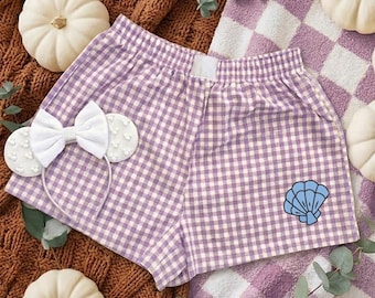 Ariel Seashell Gingham Shorts, Little Mermaid Inspired Shorts, Disney Vacation Shorts