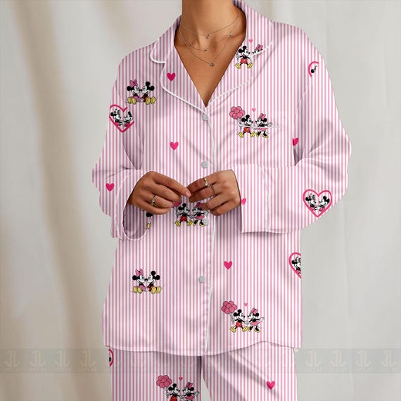 Mickey Minnie Couple Heart Valentine 2026 Unisex Satin Pajamas Set