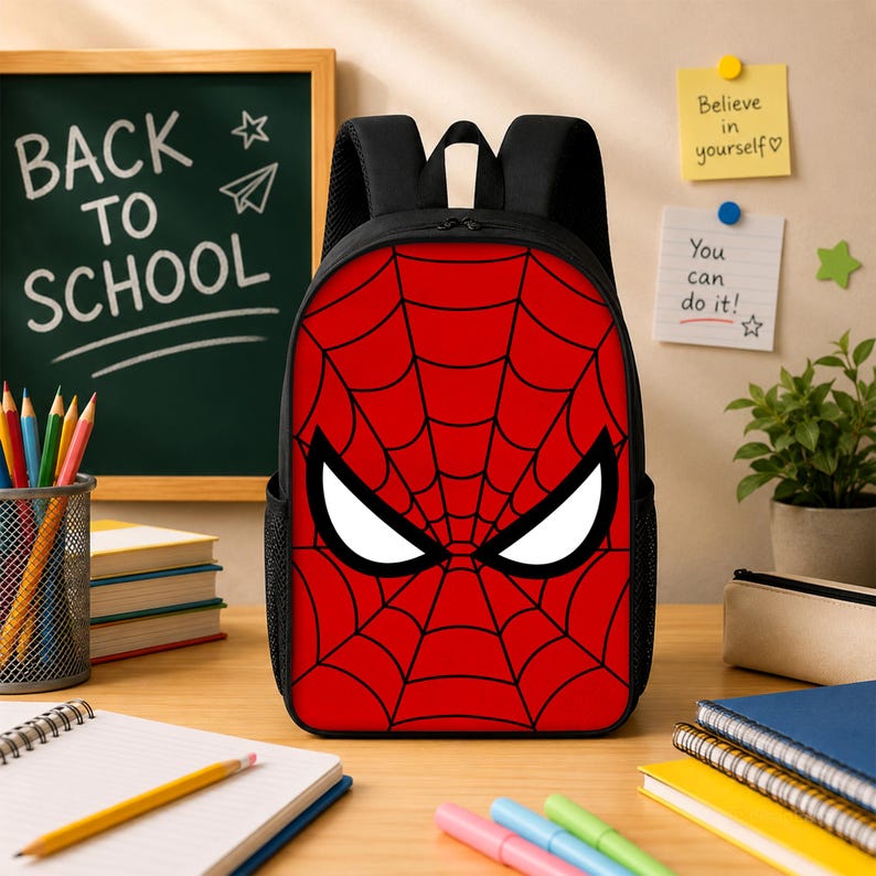 May include: A black backpack featuring a prominent red front panel with a black spiderweb pattern and large white eyes. The design mimics a superhero mask, with black shoulder straps and side mesh pockets, positioned on a wooden desk surface.