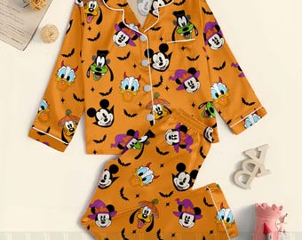 Bright Orange Halloween Kids & Youth Satin Pajama Set, Mouse and Friends Spooky Sleepwear, Cute Pumpkin Witch Characters Loungewear