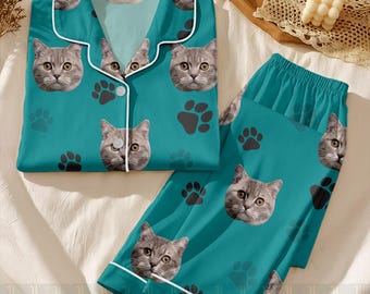 Personalized Pet Face Unisex Satin Pajamas Set,Custom Dog & Cat Portrait PJs, Long Sleeve And Short Styles, Family Matching Loungewear