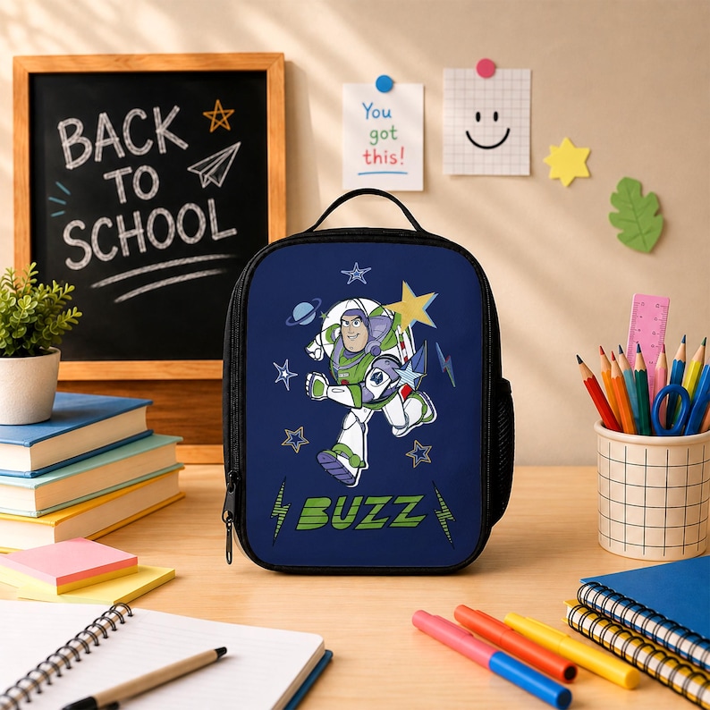 May include: A dark blue lunch bag featuring a graphic of the character Buzz Lightyear in a space suit, surrounded by stars and lightning bolt icons, with the name BUZZ printed in green block letters at the bottom and a black top handle.