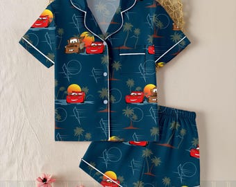 Tow Mater And Lightning McQueen Unisex Satin Pajamas Set, Disneyland Pajamas, Long Sleeve And Short Styles