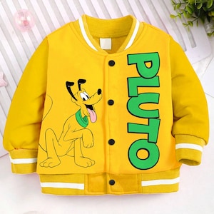 May include: Yellow children's bomber jacket with a green "PLUTO" graphic and a cartoon image of Pluto the dog.