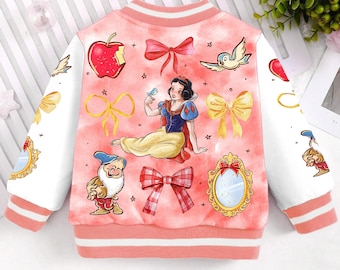 Snow White Mirror Seven Dwarf Locket Coquette Bow Kids and Youth Baseball Jacket, Aldult Unisex Varsity Baseball Jacket