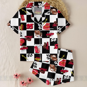 Tow Mater Lightning McQueen Thunder 95 Unisex Satin Pajamas Set, Disneyland Pajamas, Long Sleeve And Short Styles