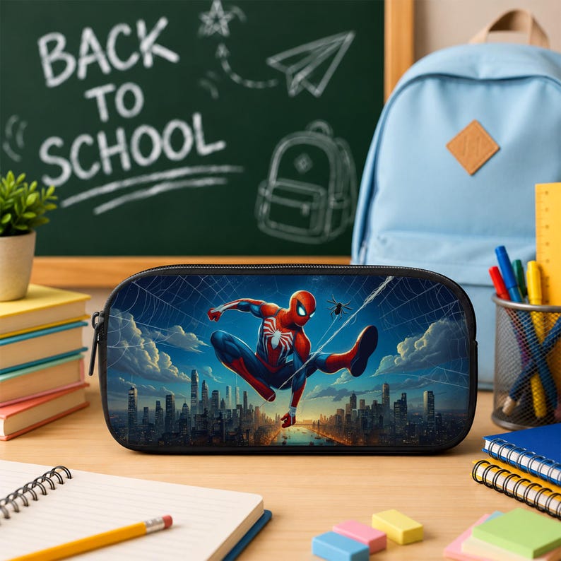 Puede incluir: Un estuche rectangular con un estampado gr&aacute;fico de Spider-Man en una pose din&aacute;mica sobre el horizonte de una ciudad. El estuche tiene una cremallera negra y un marco oscuro, mostrando una ilustraci&oacute;n detallada del personaje bajo un cielo azul.