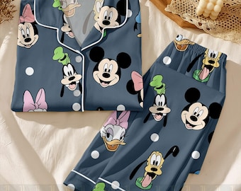 Mickey Minnie Donald Daisy Big Face Pastel Unisex Satin Pajamas, Mickey & Friends Pajamas, Long Sleeve And Short Styles