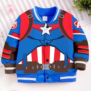 May include: Blue and red bomber jacket with a Captain America design. The jacket has a white star and a white and red stripe design on the front. The jacket has a brown belt and brown accents on the sleeves.