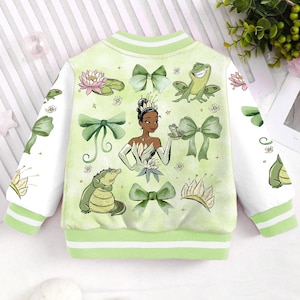 Tiana Naveen Prince Frog Locket Coquette Bow Kids and Youth Baseball Jacket, Aldult Unisex Varsity Baseball Jacket