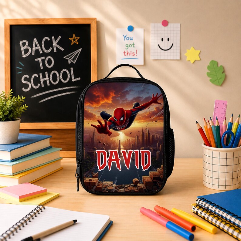 May include: A rectangular black lunch bag featuring a graphic of Spider-Man leaping over a city skyline at sunset. The name DAVID is printed in bold white and red letters below the character. The bag has a top handle and a side mesh pocket.